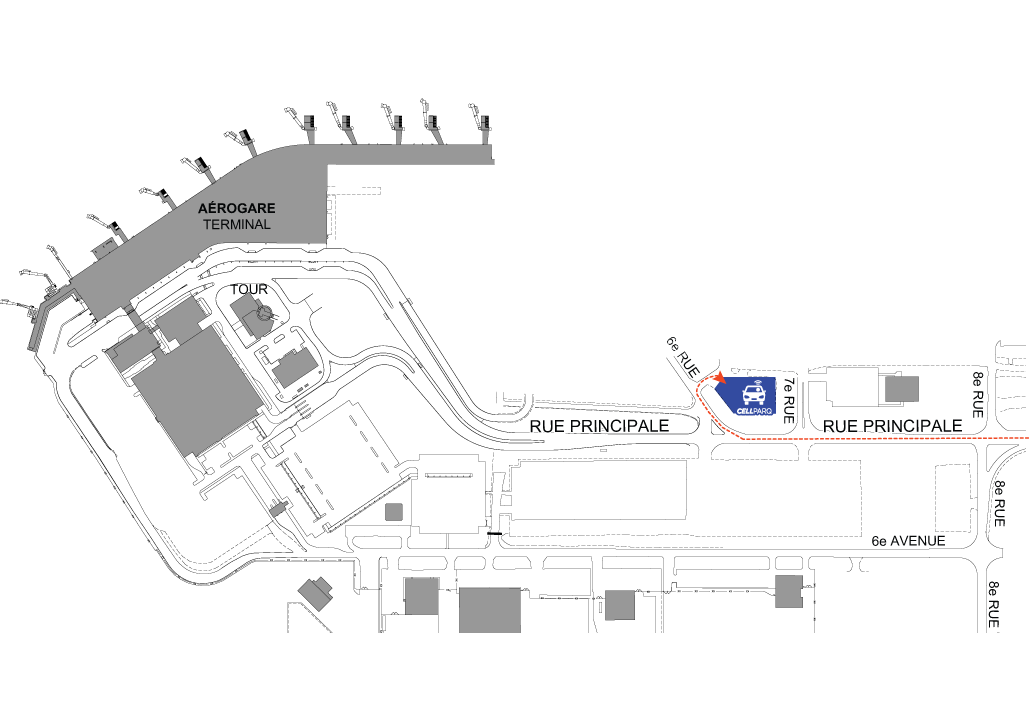 Carte localisant la zone d'attente pour véhicules CellPARQ à l'Aéroport international Jean-Lesage de Québec (YQB)
