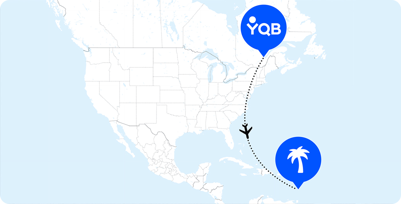 Carte reliant YQB à la Martinique