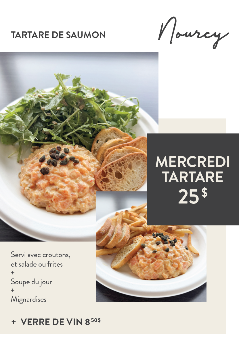 Photo d'un tartare accompagné de croutons de pain annonçant la promotion "Mercredis tartares" chez Nourcy Café Traiteur de l'Aéroport international Jean-Lesage de Québec (YQB)