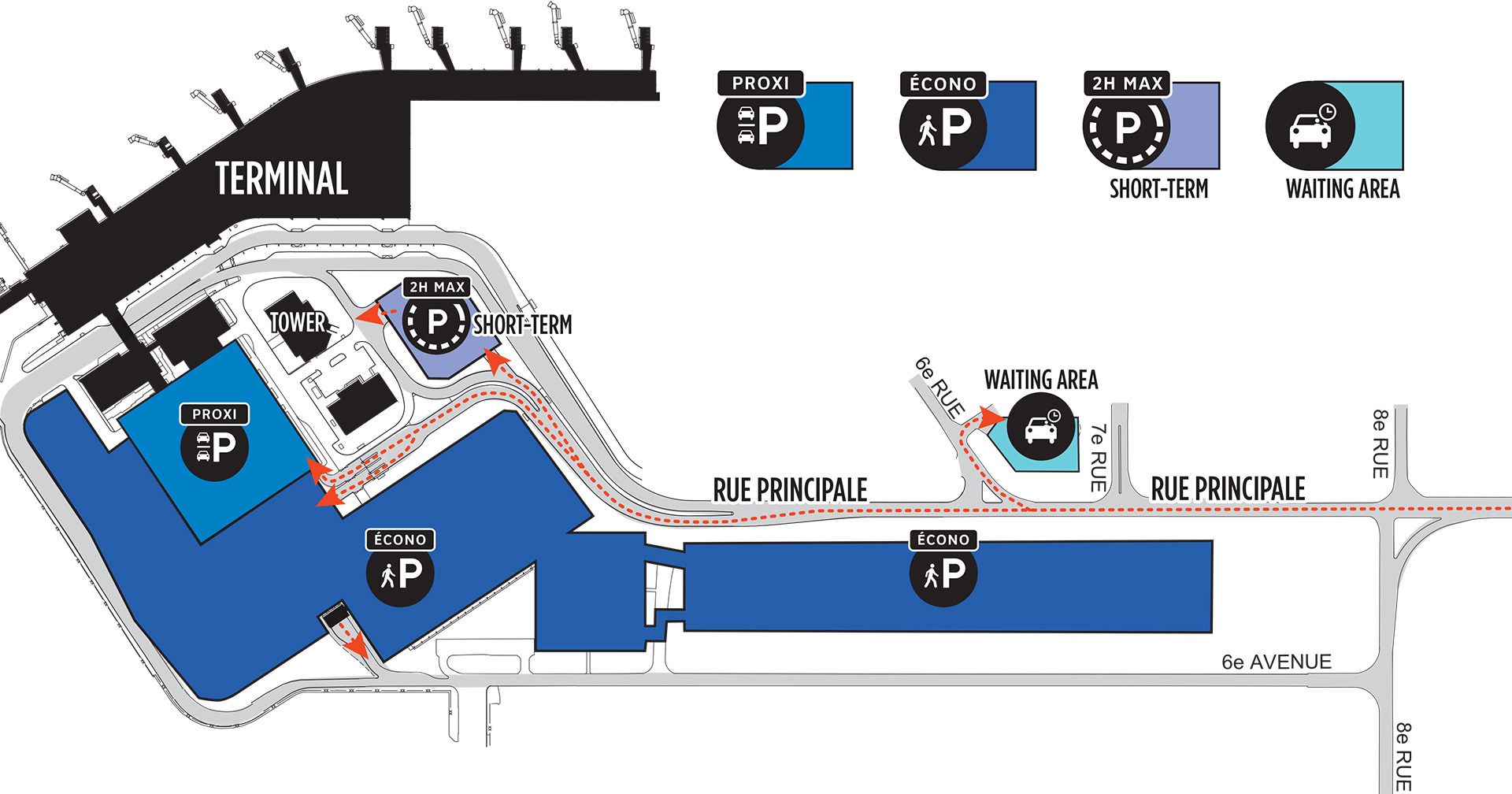 Map of all parking lots available at Québec City Jean Lesage International Airport (YQB)