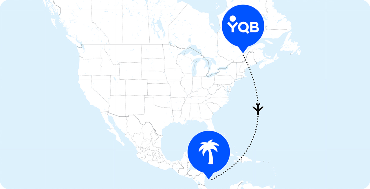 World map connecting YQB to San Andrés