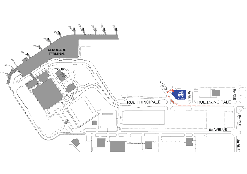 Carte localisant la zone d'attente pour véhicules CellPARQ à l'Aéroport international Jean-Lesage de Québec (YQB)